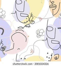 Face line pattern. Abstract drawing seamless pattern. Vector Modern minimal art.  Graphics contour background. Continuous one line drawing. Linear design woman and man faces. Beauty modern print. 
