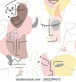 Face line pattern. Abstract drawing seamless pattern. Vector Modern minimal art. Graphics contour background. Continuous one line drawing. Linear design woman and man faces. Beauty modern print.