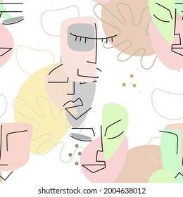 Face line pattern. Abstract drawing seamless pattern. Vector Modern minimal art. Graphics contour background. Continuous one line drawing. Linear design woman and man faces. Beauty modern print.