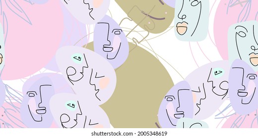 Face line pattern. Abstract drawing seamless pattern. Vector Modern minimal art. Graphics contour background. Continuous one line drawing. Linear design woman and man faces. Beauty modern print.