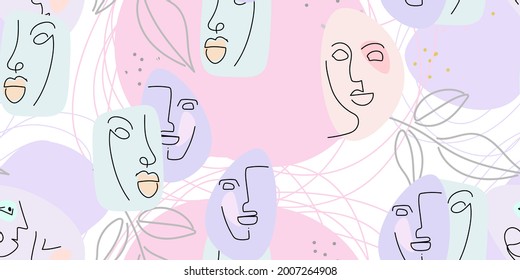 Face line pattern. Abstract drawing seamless pattern. Vector Modern minimal art. Graphics contour background. Continuous one line drawing. Linear design woman and man faces. Beauty modern print.