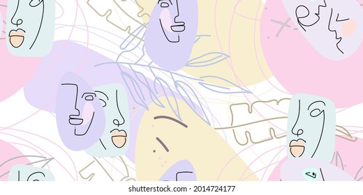 Face line pattern. Abstract drawing seamless pattern. Vector Modern minimal art. Graphics contour background. Continuous one line drawing. Linear design woman and man faces. Beauty modern print.