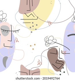Face line pattern. Abstract drawing seamless pattern. Vector Modern minimal art. Graphics contour background. Continuous one line drawing. Linear design woman and man faces. Beauty modern print.