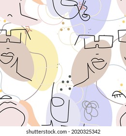 Face line pattern. Abstract drawing seamless pattern. Vector Modern minimal art. Graphics contour background. Continuous one line drawing. Linear design woman and man faces. Beauty modern print.