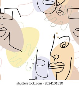 Face line pattern. Abstract drawing seamless pattern. Vector Modern minimal art.  Graphics contour background. Continuous one line drawing. Linear design woman and man faces. Beauty modern print. 