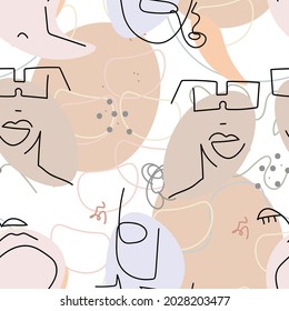 Face line pattern. Abstract drawing seamless pattern. Vector Modern minimal art. Graphics contour background. Continuous one line drawing. Linear design woman and man faces. Beauty modern print.