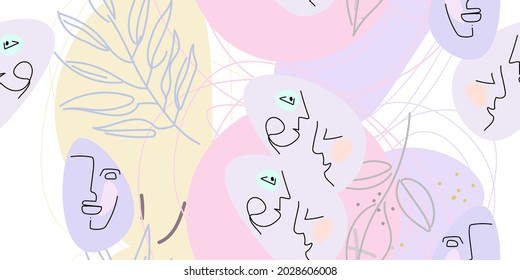 Face line pattern. Abstract drawing seamless pattern. Vector Modern minimal art. Graphics contour background. Continuous one line drawing. Linear design woman and man faces. Beauty modern print.