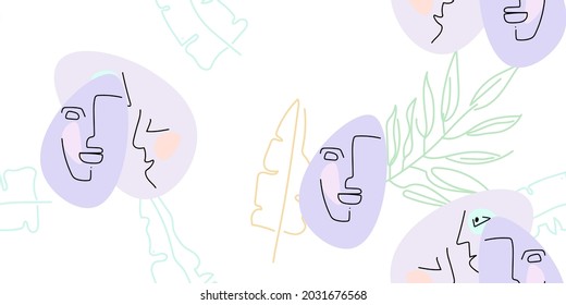 Face line pattern. Abstract drawing seamless pattern. Vector Modern minimal art. Graphics contour background. Continuous one line drawing. Linear design woman and man faces. Beauty modern print.