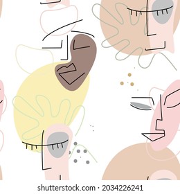 Face line pattern. Abstract drawing seamless pattern. Vector Modern minimal art. Graphics contour background. Continuous one line drawing. Linear design woman and man faces. Beauty modern print.