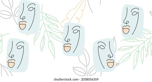 Face line pattern. Abstract drawing seamless pattern. Vector Modern minimal art. Graphics contour background. Continuous one line drawing. Linear design woman and man faces. Beauty modern print.