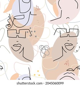 Face line pattern. Abstract drawing seamless pattern. Vector Modern minimal art.  Graphics contour background. Continuous one line drawing. Linear design woman and man faces. Beauty modern print. 