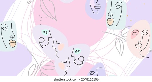 Face line pattern. Abstract drawing seamless pattern. Vector Modern minimal art. Graphics contour background. Continuous one line drawing. Linear design woman and man faces. Beauty modern print.
