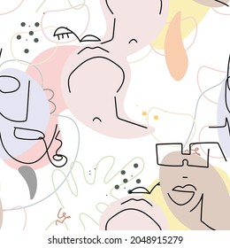 Face line pattern. Abstract drawing seamless pattern. Vector Modern minimal art.  Graphics contour background. Continuous one line drawing. Linear design woman and man faces. Beauty modern print. 