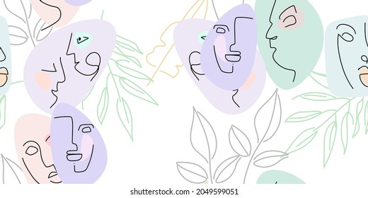 Face line pattern. Abstract drawing seamless pattern. Vector Modern minimal art. Graphics contour background. Continuous one line drawing. Linear design woman and man faces. Beauty modern print.