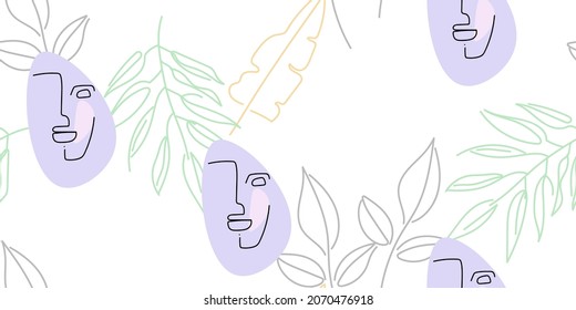 Face line pattern. Abstract drawing seamless pattern. Vector Modern minimal art. Graphics contour background. Continuous one line drawing. Linear design woman and man faces. Beauty modern print.