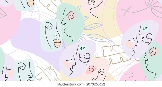 Face line pattern. Abstract drawing seamless pattern. Vector Modern minimal art. Graphics contour background. Continuous one line drawing. Linear design woman and man faces. Beauty modern print.