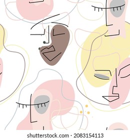 Face line pattern. Abstract drawing seamless pattern. Vector Modern minimal art. Graphics contour background. Continuous one line drawing. Linear design woman and man faces. Beauty modern print.
