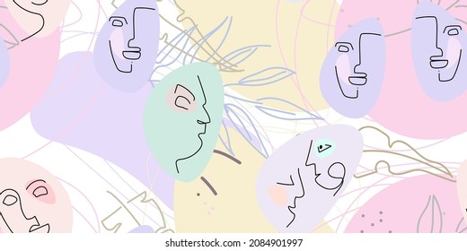 Face line pattern. Abstract drawing seamless pattern. Vector Modern minimal art. Graphics contour background. Continuous one line drawing. Linear design woman and man faces. Beauty modern print.