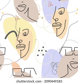 Face line pattern. Abstract drawing seamless pattern. Vector Modern minimal art.  Graphics contour background. Continuous one line drawing. Linear design woman and man faces. Beauty modern print. 