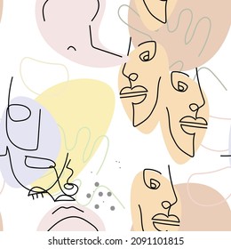 Face line pattern. Abstract drawing seamless pattern. Vector Modern minimal art. Graphics contour background. Continuous one line drawing. Linear design woman and man faces. Beauty modern print.