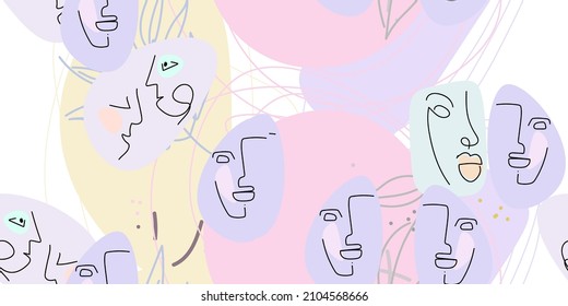 Face line pattern. Abstract drawing seamless pattern. Vector Modern minimal art. Graphics contour background. Continuous one line drawing. Linear design woman and man faces. Beauty modern print.