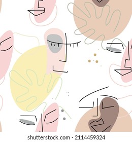 Face line pattern. Abstract drawing seamless pattern. Vector Modern minimal art. Graphics contour background. Continuous one line drawing. Linear design woman and man faces. Beauty modern print.