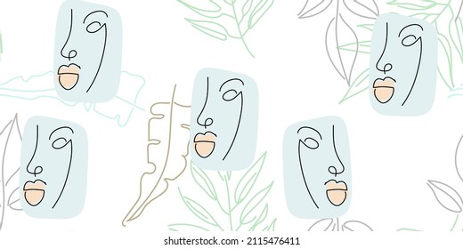 Face line pattern. Abstract drawing seamless pattern. Vector Modern minimal art. Graphics contour background. Continuous one line drawing. Linear design woman and man faces. Beauty modern print.