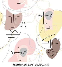 Face line pattern. Abstract drawing seamless pattern. Vector Modern minimal art. Graphics contour background. Continuous one line drawing. Linear design woman and man faces. Beauty modern print.