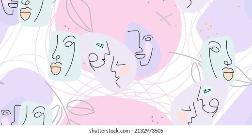 Face line pattern. Abstract drawing seamless pattern. Vector Modern minimal art. Graphics contour background. Continuous one line drawing. Linear design woman and man faces. Beauty modern print.