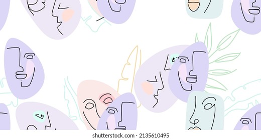 Face line pattern. Abstract drawing seamless pattern. Vector Modern minimal art. Graphics contour background. Continuous one line drawing. Linear design woman and man faces. Beauty modern print.