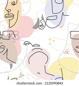 Face line pattern. Abstract drawing seamless pattern. Vector Modern minimal art. Graphics contour background. Continuous one line drawing. Linear design woman and man faces. Beauty modern print.