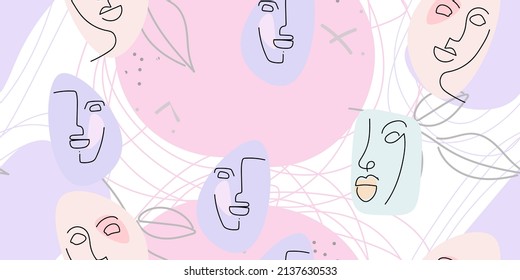 Face line pattern. Abstract drawing seamless pattern. Vector Modern minimal art. Graphics contour background. Continuous one line drawing. Linear design woman and man faces. Beauty modern print.