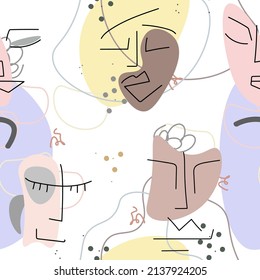 Face line pattern. Abstract drawing seamless pattern. Vector Modern minimal art. Graphics contour background. Continuous one line drawing. Linear design woman and man faces. Beauty modern print.