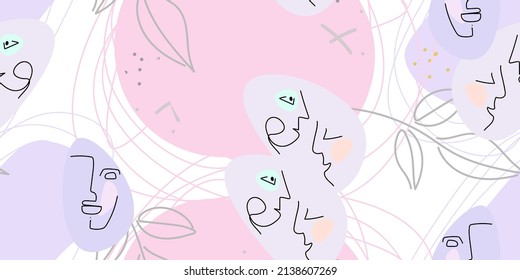 Face line pattern. Abstract drawing seamless pattern. Vector Modern minimal art. Graphics contour background. Continuous one line drawing. Linear design woman and man faces. Beauty modern print.