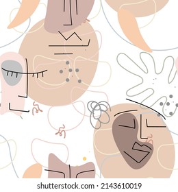 Face line pattern. Abstract drawing seamless pattern. Vector Modern minimal art. Graphics contour background. Continuous one line drawing. Linear design woman and man faces. Beauty modern print.