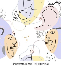 Face line pattern. Abstract drawing seamless pattern. Vector Modern minimal art.  Graphics contour background. Continuous one line drawing. Linear design woman and man faces. Beauty modern print. 