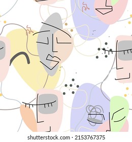 Face line pattern. Abstract drawing seamless pattern. Vector Modern minimal art. Graphics contour background. Continuous one line drawing. Linear design woman and man faces. Beauty modern print.