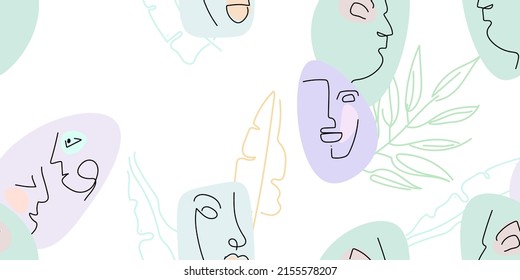 Face line pattern. Abstract drawing seamless pattern. Vector Modern minimal art. Graphics contour background. Continuous one line drawing. Linear design woman and man faces. Beauty modern print.