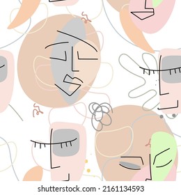 Face line pattern. Abstract drawing seamless pattern. Vector Modern minimal art. Graphics contour background. Continuous one line drawing. Linear design woman and man faces. Beauty modern print.