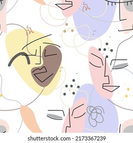 Face line pattern. Abstract drawing seamless pattern. Vector Modern minimal art. Graphics contour background. Continuous one line drawing. Linear design woman and man faces. Beauty modern print.