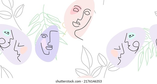 Face line pattern. Abstract drawing seamless pattern. Vector Modern minimal art. Graphics contour background. Continuous one line drawing. Linear design woman and man faces. Beauty modern print.