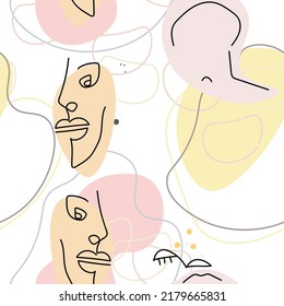 Face line pattern. Abstract drawing seamless pattern. Vector Modern minimal art.  Graphics contour background. Continuous one line drawing. Linear design woman and man faces. Beauty modern print. 