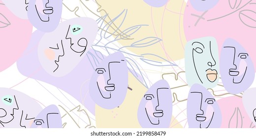 Face line pattern. Abstract drawing seamless pattern. Vector Modern minimal art. Graphics contour background. Continuous one line drawing. Linear design woman and man faces. Beauty modern print.