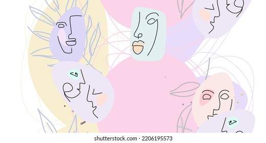 Face line pattern. Abstract drawing seamless pattern. Vector Modern minimal art. Graphics contour background. Continuous one line drawing. Linear design woman and man faces. Beauty modern print.