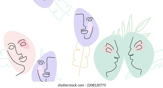 Face line pattern. Abstract drawing seamless pattern. Vector Modern minimal art. Graphics contour background. Continuous one line drawing. Linear design woman and man faces. Beauty modern print.