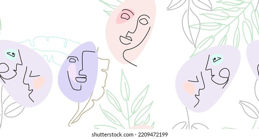 Face line pattern. Abstract drawing seamless pattern. Vector Modern minimal art. Graphics contour background. Continuous one line drawing. Linear design woman and man faces. Beauty modern print.