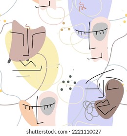 Face line pattern. Abstract drawing seamless pattern. Vector Modern minimal art. Graphics contour background. Continuous one line drawing. Linear design woman and man faces. Beauty modern print.