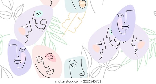 Face line pattern. Abstract drawing seamless pattern. Vector Modern minimal art. Graphics contour background. Continuous one line drawing. Linear design woman and man faces. Beauty modern print.