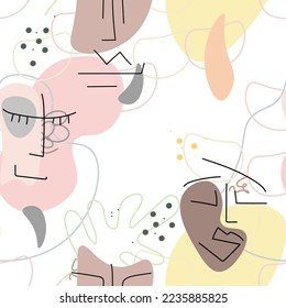 Gesichtslinienmuster. Abstraktes Zeichnen nahtloses Muster. Vektorgrafik Moderne minimale Kunst. Konturhintergrund für Grafiken. Kontinuierliche Zeichnung einer Linie. Lineares Design, Frau und Mann Gesichter. Schönes, modernes Drucken.