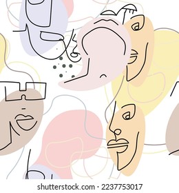 Face line pattern. Abstract drawing seamless pattern. Vector Modern minimal art. Graphics contour background. Continuous one line drawing. Linear design woman and man faces. Beauty modern print.